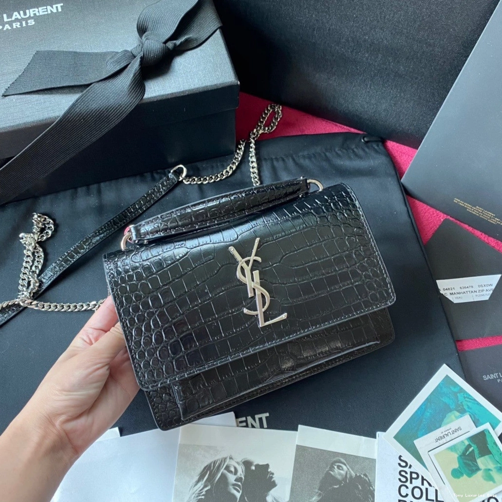 Tony Luxuries SHINY IN SUNSET LEATHER YSL CROCODILE-EMBOSSED 0822